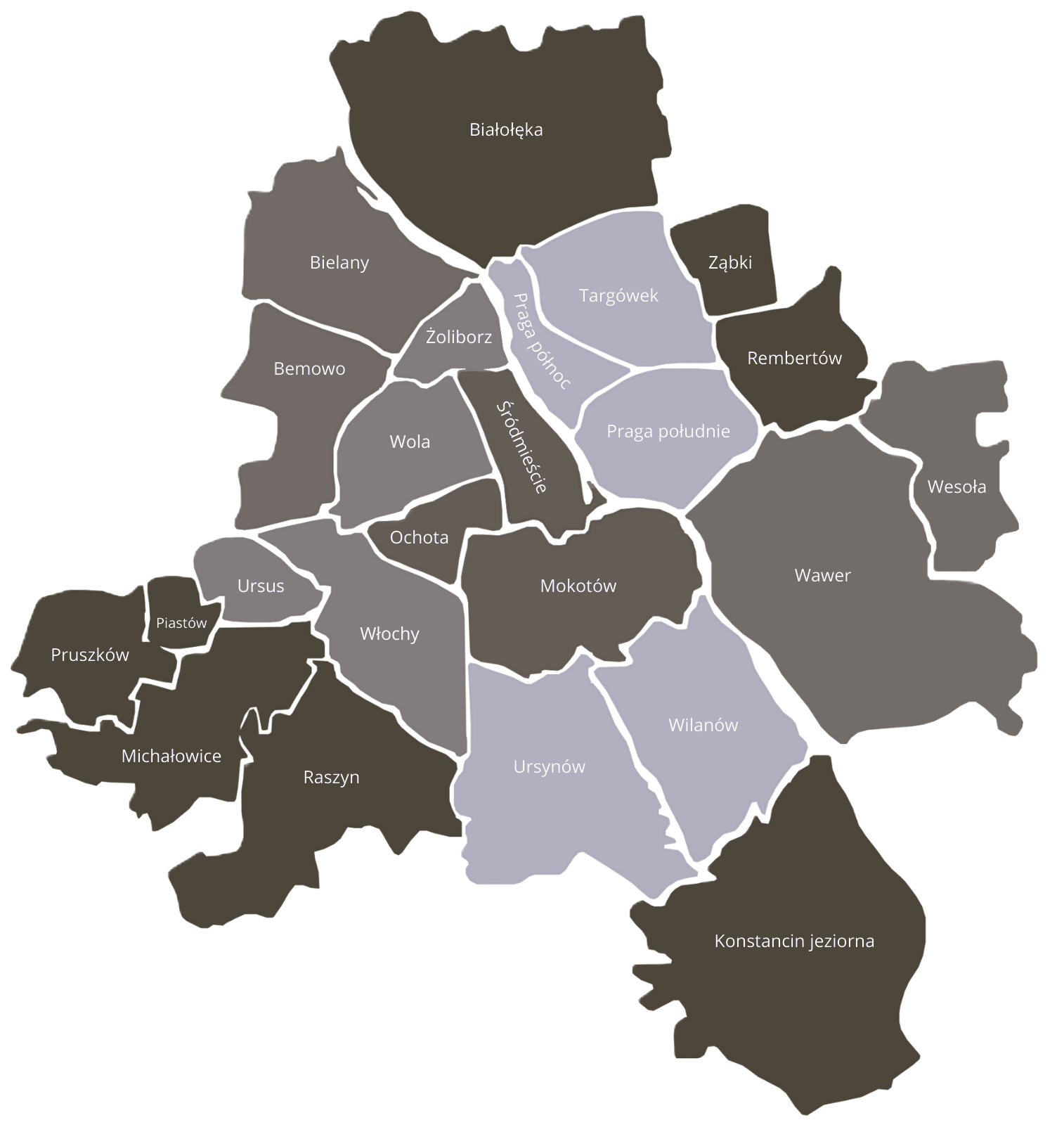 Mapa obszaru działania Złota Rączka Warszawa - hydraulik i elektryk obsługujący wszystkie dzielnice: Mokotów, Ursynów, Wilanów, Wola, Ochota, Śródmieście, Praga Północ, Praga Południe, Bielany, Bemowo, Żoliborz, Targówek, Białołęka, Rembertów, Wawer, Wesoła oraz okolice Warszawy