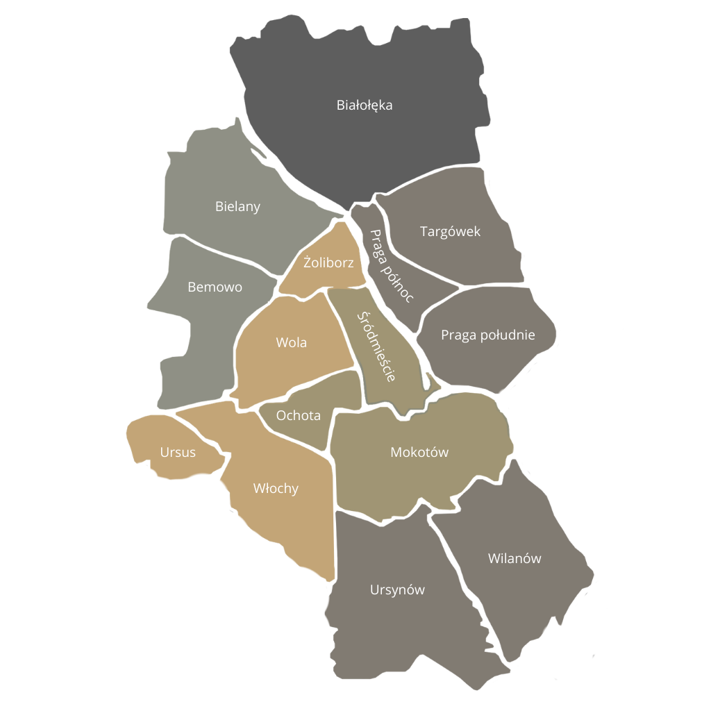 Mapa obszaru działania Złota Rączka Warszawa - hydraulik i elektryk obsługujący dzielnice: Mokotów, Ursynów, Wilanów, Wola, Ochota, Śródmieście, Praga Północ, Praga Południe, Bielany, Bemowo, Żoliborz, Targówek, Białołęka, Ursus, Włochy